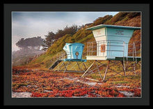 Load image into Gallery viewer, Life Guard Towers In Winter - Framed Print - Santa Cruz Art Prints