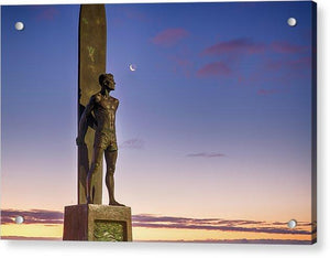 Surf Statue Gazes At Moon  - Acrylic Print - Santa Cruz Art Prints